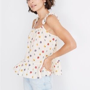 Madewell Cream Floral Ruffle Strap Cotton Blouse